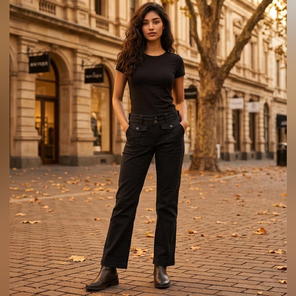 Sundance black wide leg cargo mid rise pants